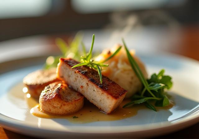Nahaufnahme eines kunstvoll angerichteten Tellers mit regionalen Spezialitäten an Bord des Schiffes.