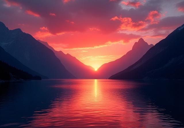 Dramatischer Sonnenuntergang hinter den majestätischen Alpen, vom glitzernden See aus gesehen.